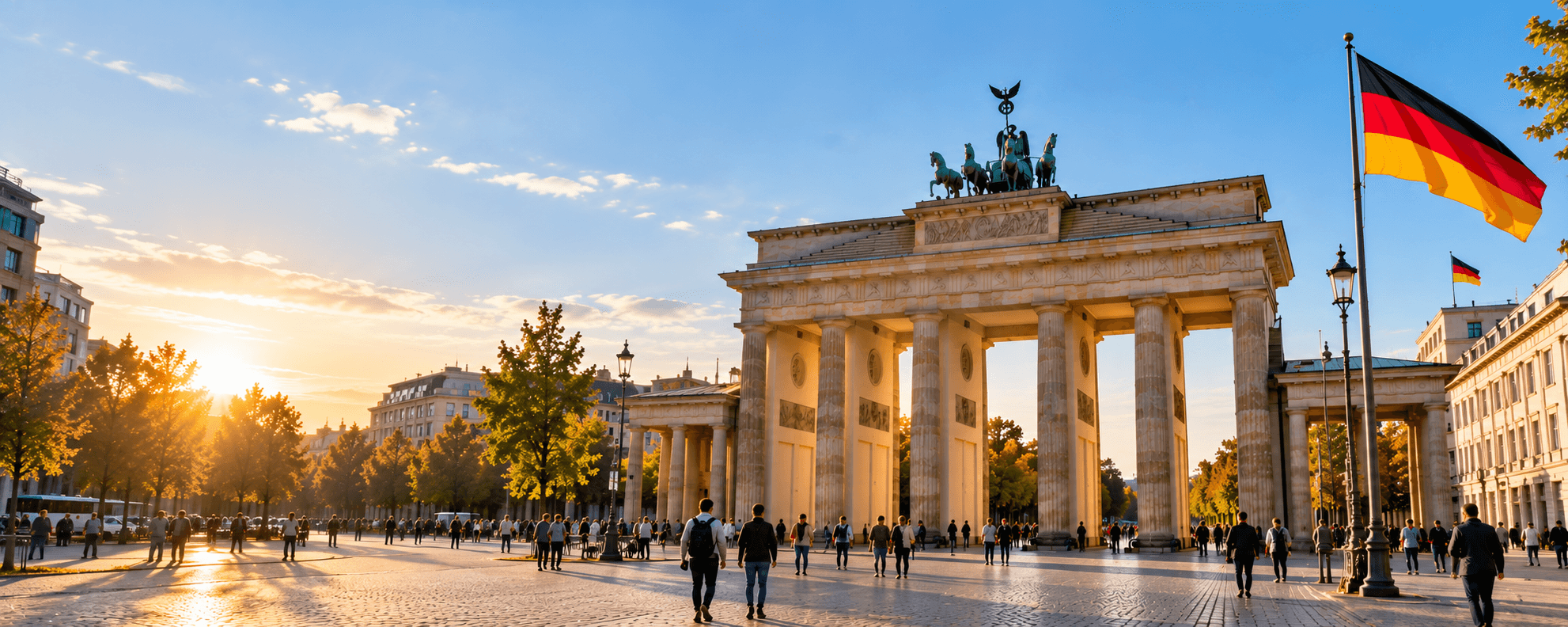 Brandenburg Gate in Berlin with German flag and warm sunlight
