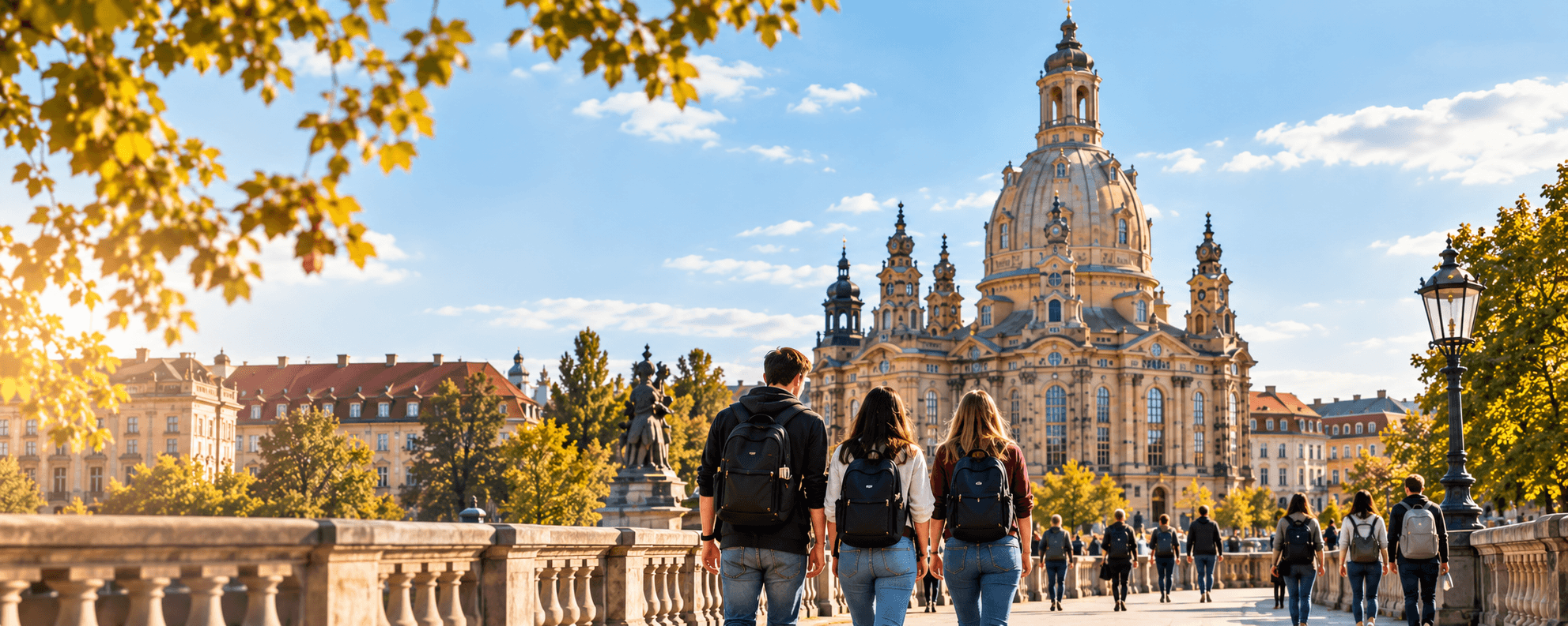 German city with historic architecture and warm sunlight