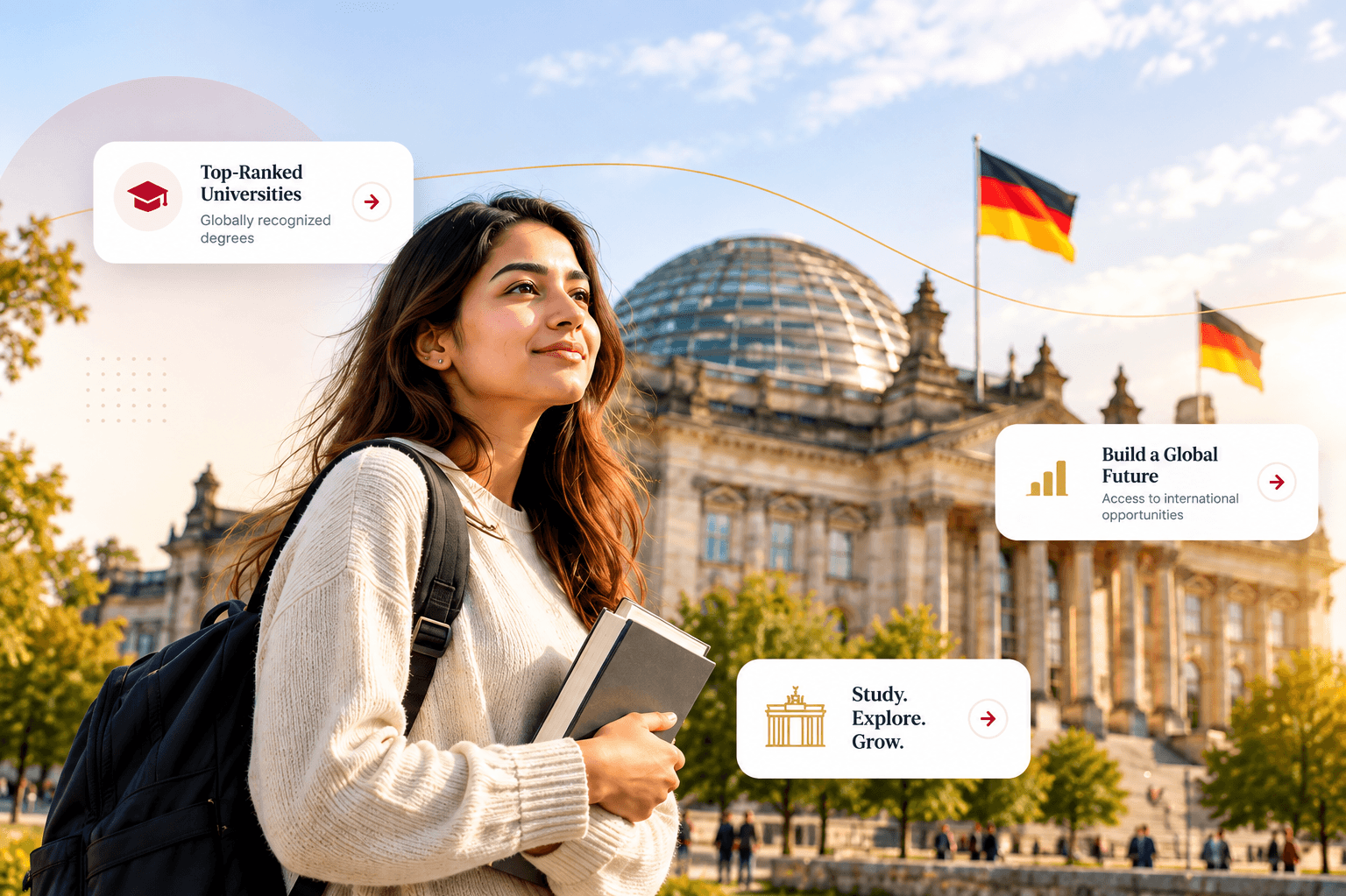 Student in front of German university architecture