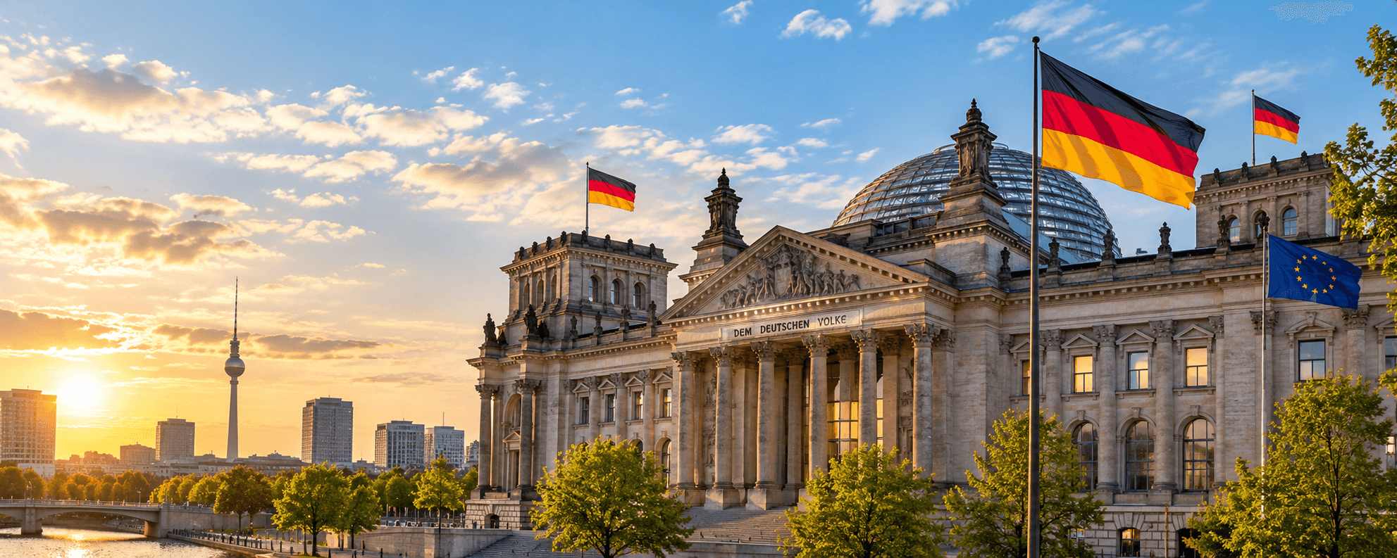 Reichstag building in Berlin with German flags at sunset